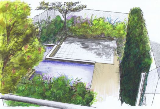 Garden designer Salisbury Wiltshire courtyard garden with water feature 